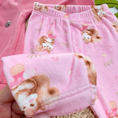 Conj. Blusa em Malha Cotele e Calça em Plush Esquila - Rosa